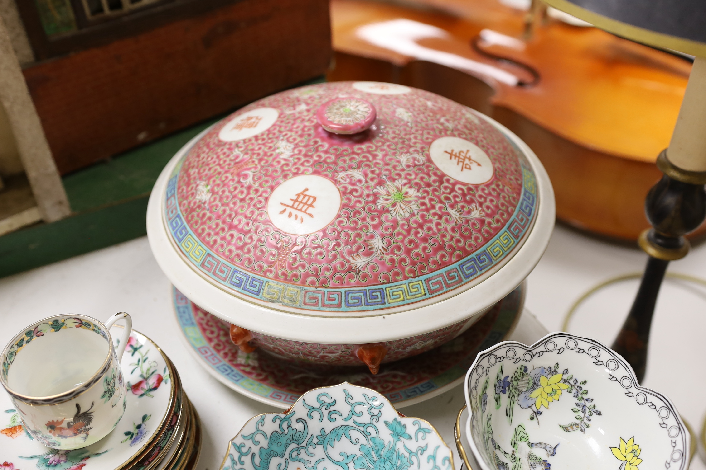 A group of Chinese enamelled porcelain coffee cups and saucers, and similar petal lobed bowls, mid 20th century